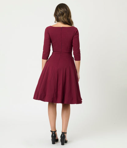 Unique Vintage Burgundy Pleated Bust Swing Dress