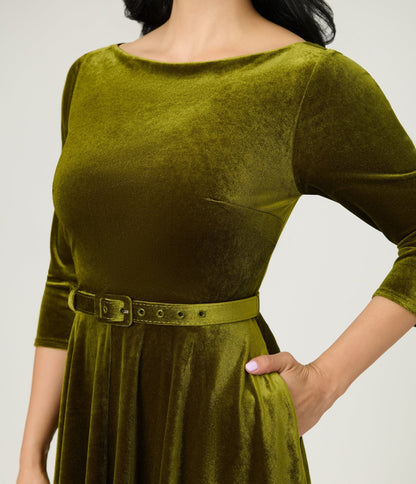 Unique Vintage Chartreuse Velvet Devon Swing Dress