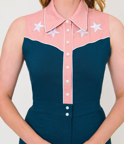Unique Vintage Dark Teal & Pink Rodeo Ready Romper