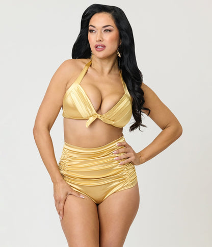 Unique Vintage Gold Shimmer Monroe Halter Swim Top