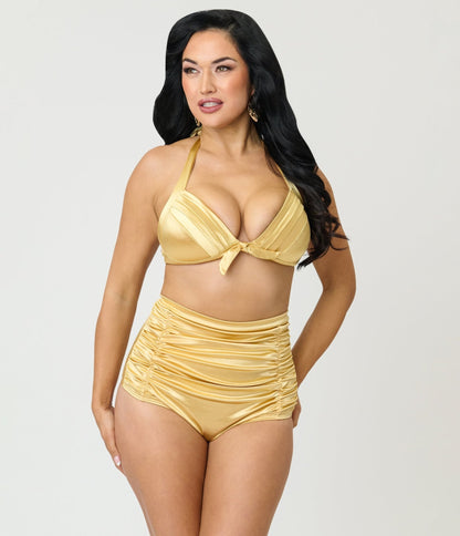 Unique Vintage Gold Shimmer Monroe Halter Swim Top