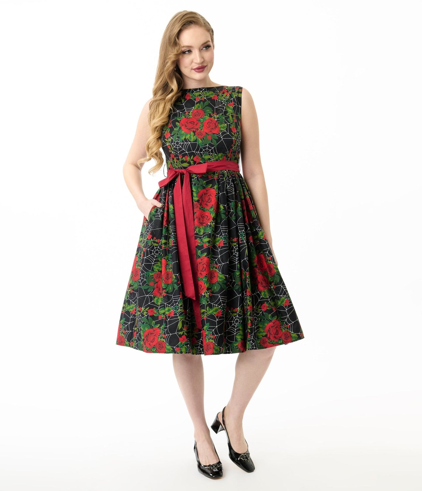 Unique Vintage Gothic Roses Sleeveless Cotton Swing Dress