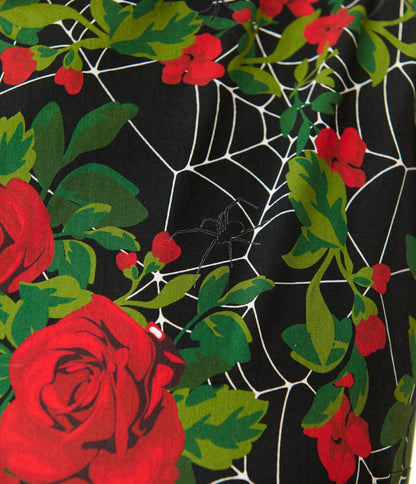 Unique Vintage Gothic Roses Sleeveless Cotton Swing Dress
