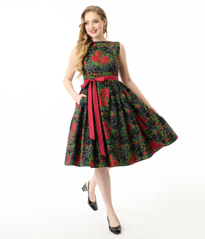 Unique Vintage Gothic Roses Sleeveless Cotton Swing Dress