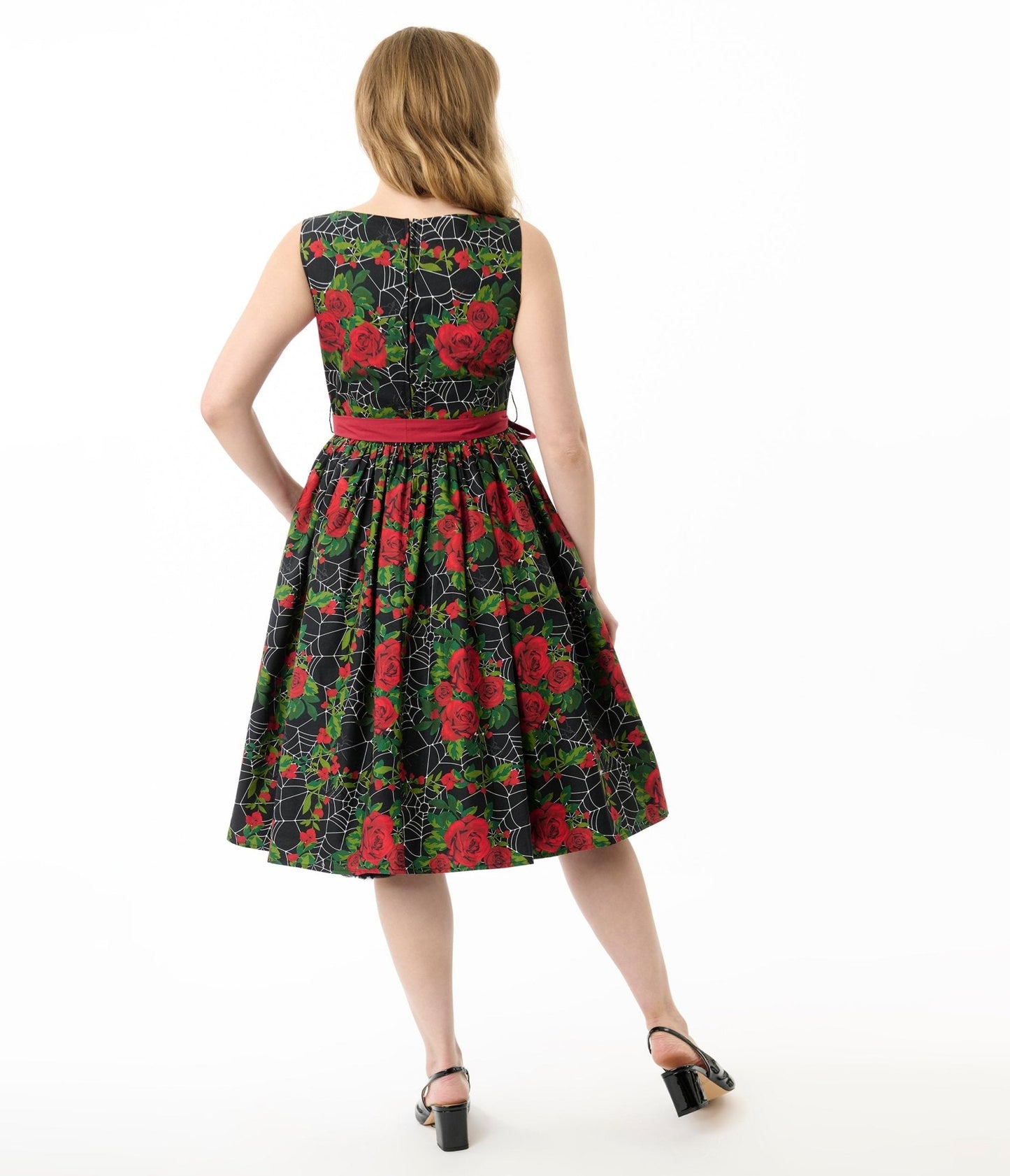 Unique Vintage Gothic Roses Sleeveless Cotton Swing Dress