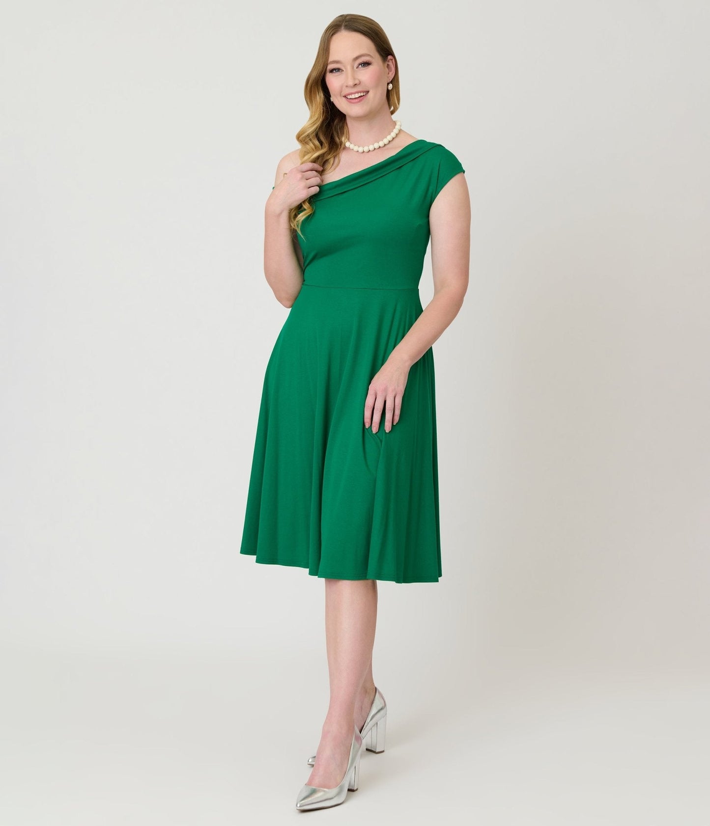 Unique Vintage Green Asymmetrical Neck Swing Dress