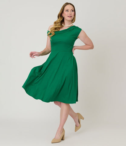 Unique Vintage Green Asymmetrical Neck Swing Dress