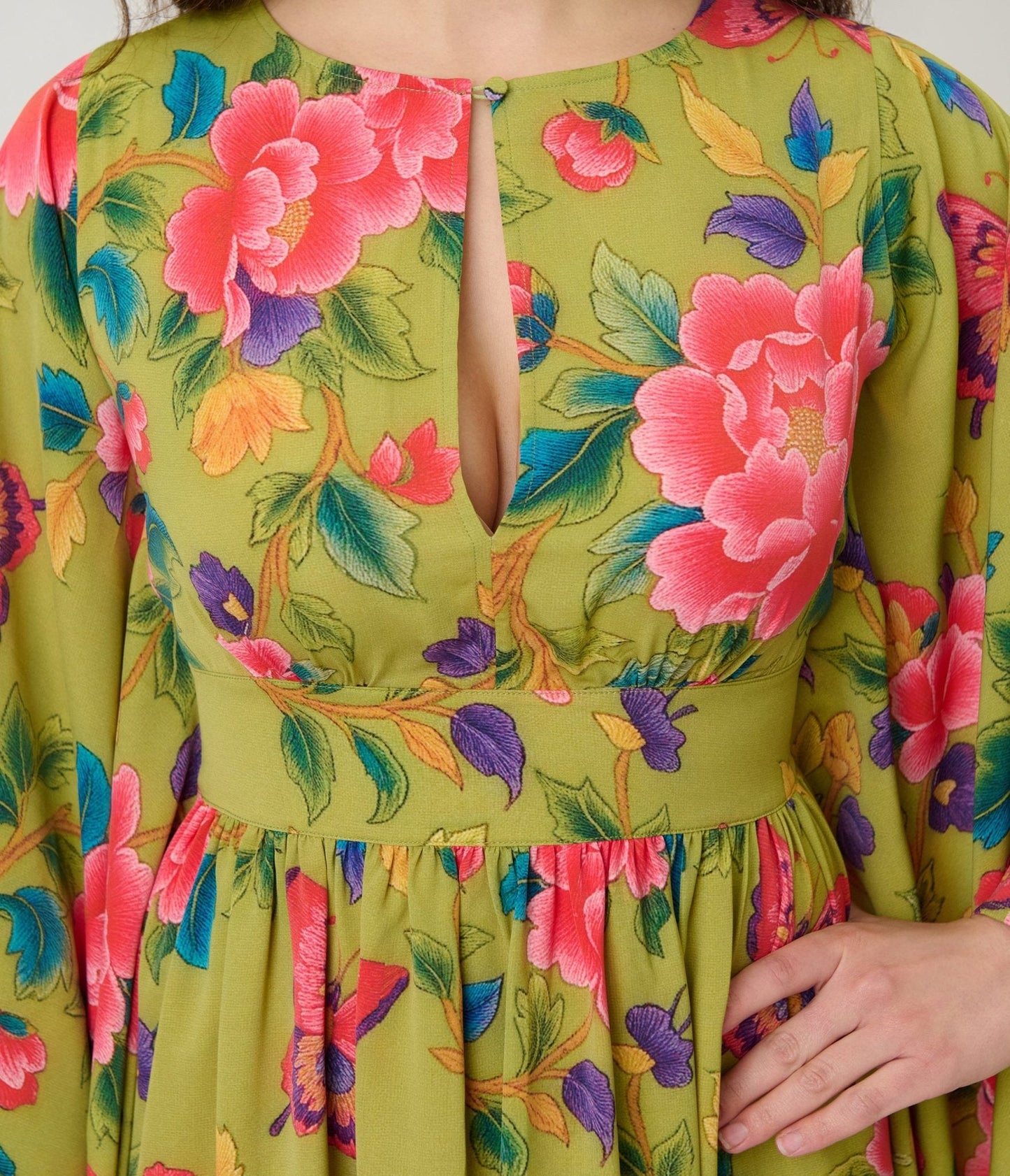 Unique Vintage Green & Pink Butterfly Floral Flutter Sleeve Caftan