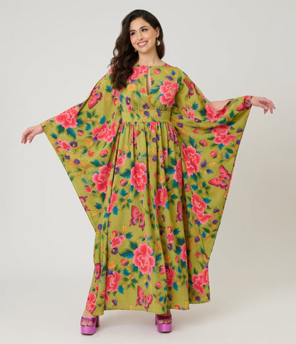 Unique Vintage Green & Pink Butterfly Floral Flutter Sleeve Caftan