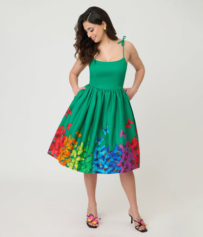 Unique Vintage Green & Rainbow Butterfly Cotton Bobbie Swing Dress
