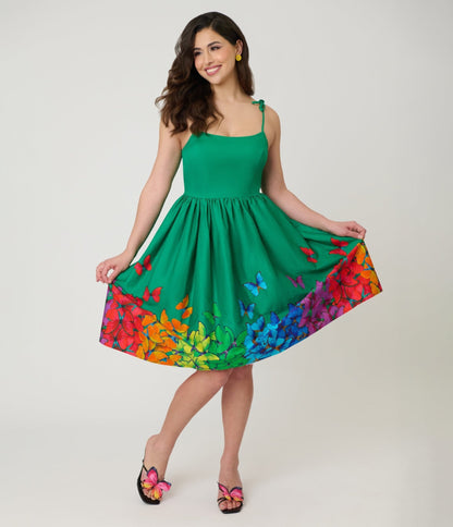 Unique Vintage Green & Rainbow Butterfly Cotton Bobbie Swing Dress