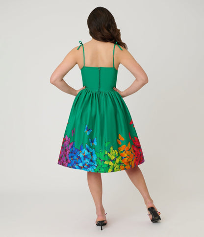 Unique Vintage Green & Rainbow Butterfly Cotton Bobbie Swing Dress