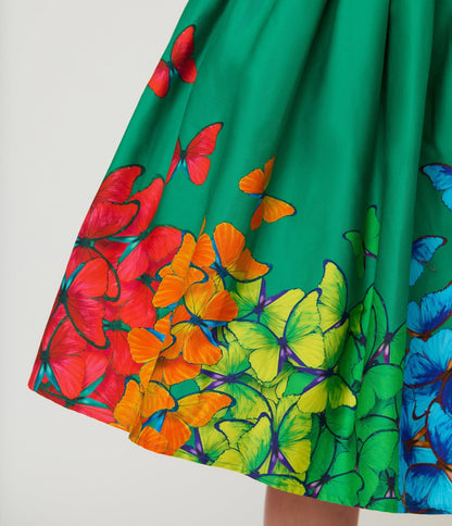 Unique Vintage Green & Rainbow Butterfly Cotton Bobbie Swing Dress