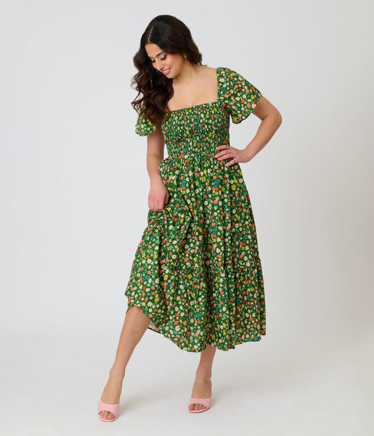 Unique Vintage Green & Strawberry Print Smocked Bodice Midi Dress