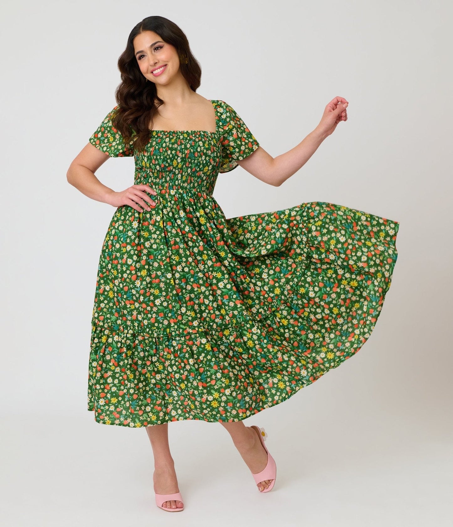 Unique Vintage Green & Strawberry Print Smocked Bodice Midi Dress