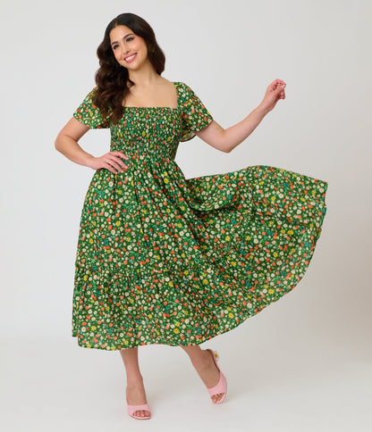 Unique Vintage Green & Strawberry Print Smocked Bodice Midi Dress