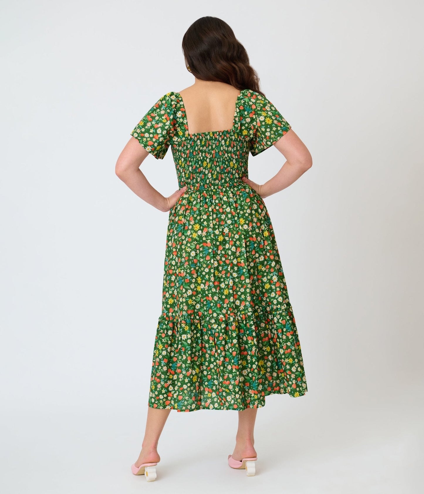 Unique Vintage Green & Strawberry Print Smocked Bodice Midi Dress