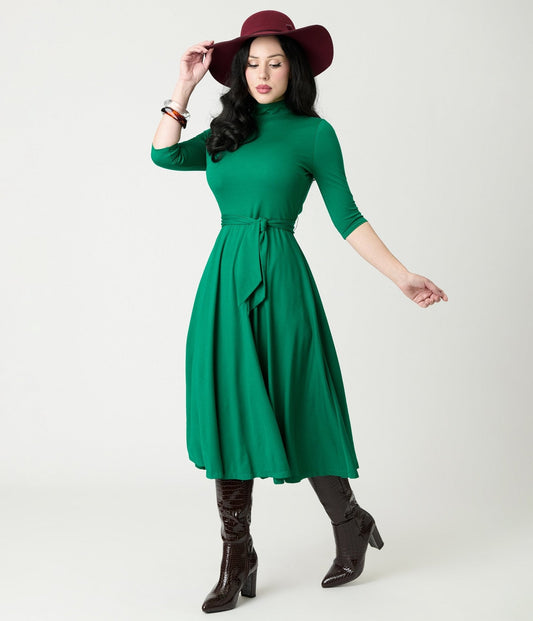 Unique Vintage Green Turtleneck Midi Dress