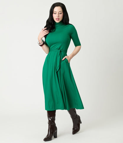 Unique Vintage Green Turtleneck Midi Dress