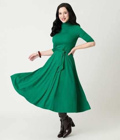 Unique Vintage Green Turtleneck Midi Dress