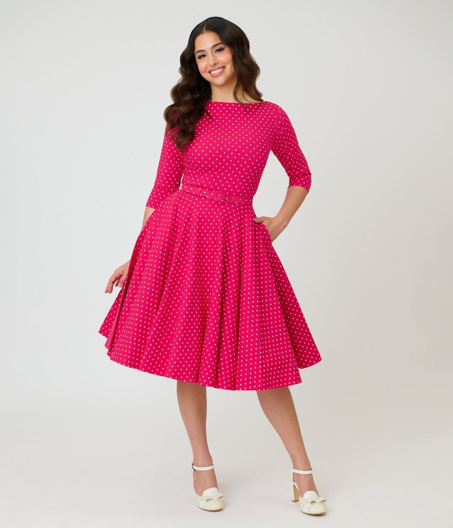 Unique Vintage Hot Pink Pin Dot Devon Swing Dress