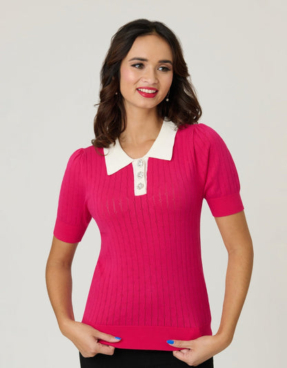 Unique Vintage Hot Pink & Rhinestone Buttons Prim & Pretty Sweater