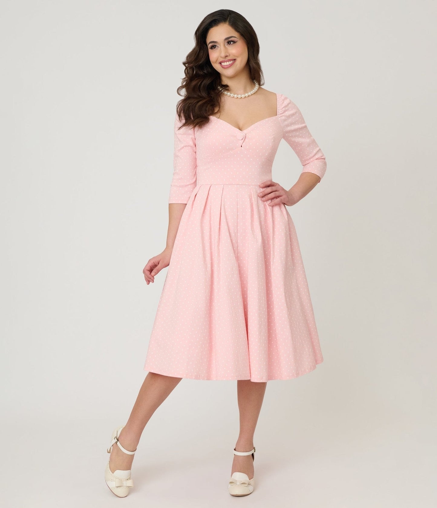 Unique Vintage Light Pink Pin Dot Lamar Swing Dress
