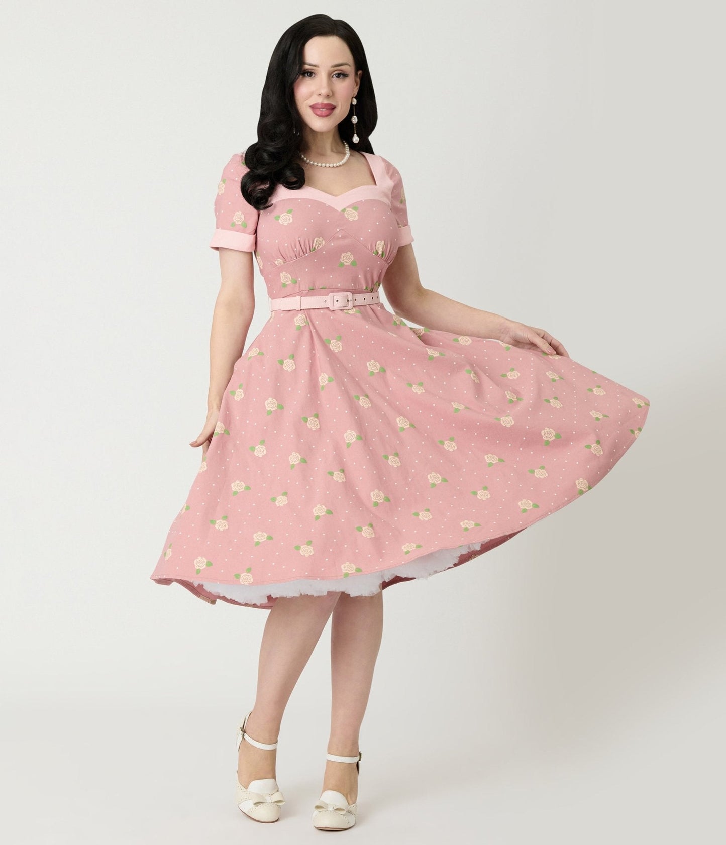 Unique Vintage Light Pink & Roses Swing Dress