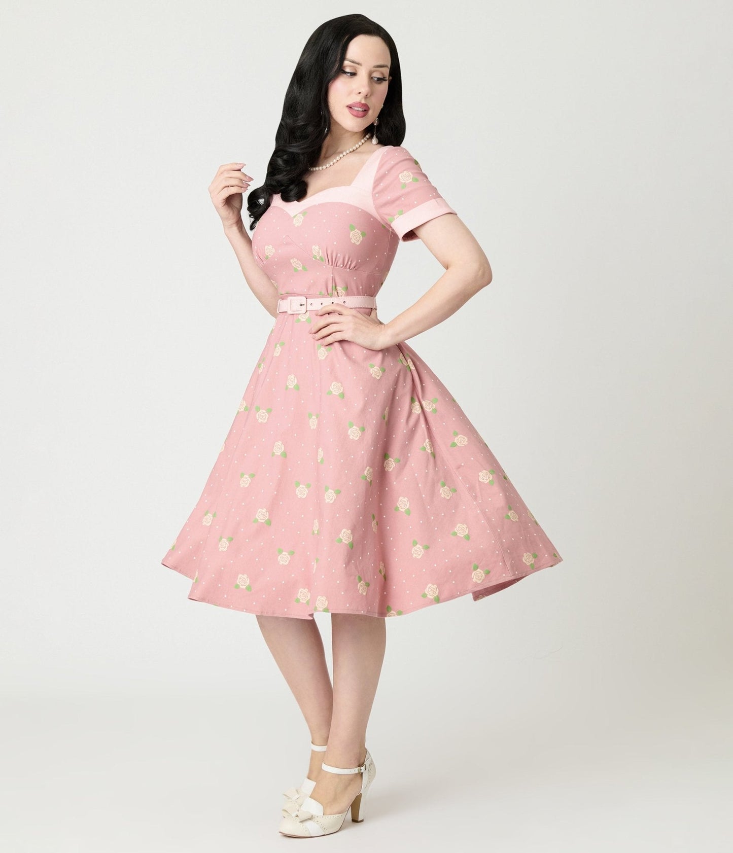 Unique Vintage Light Pink & Roses Swing Dress