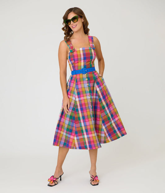 Unique Vintage Madras Plaid Picnic Perfect Midi Dress