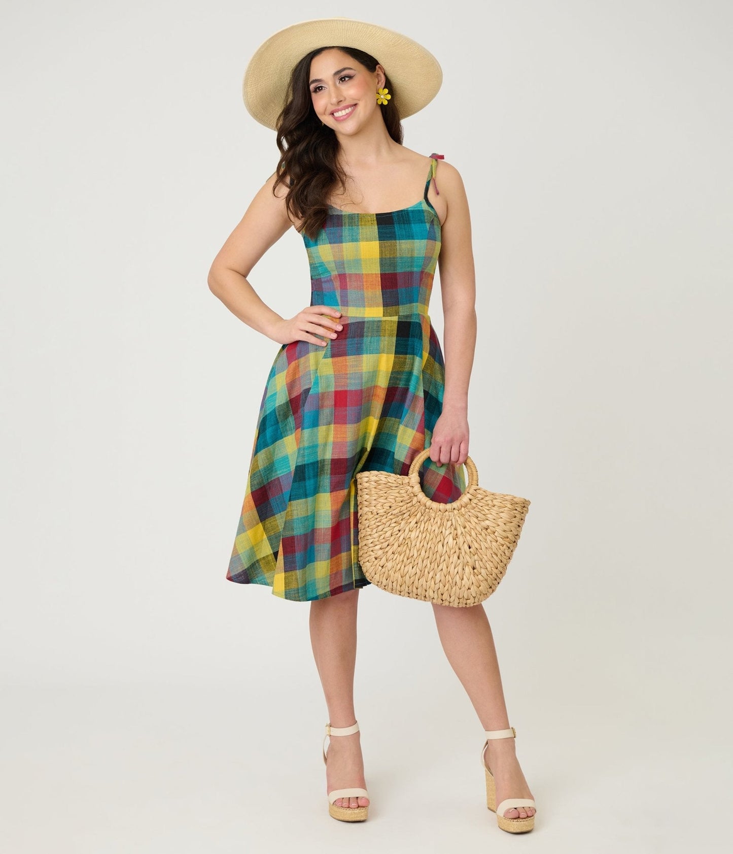 Unique Vintage Multi Plaid Cotton Bobbie Swing Dress