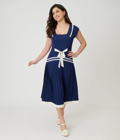 Unique Vintage Navy Pleated Flapper Day Dress