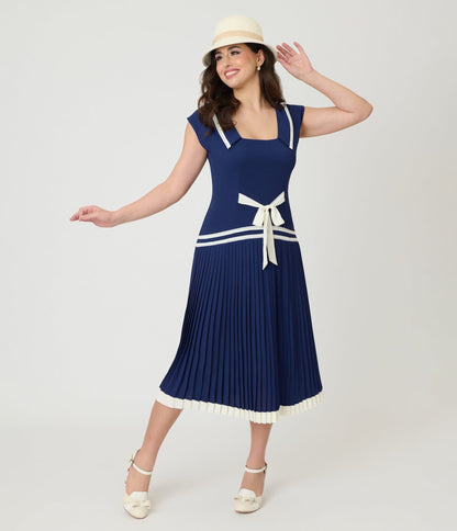 Unique Vintage Navy Pleated Flapper Day Dress
