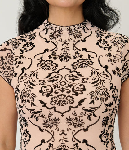Unique Vintage Nude & Black Burnout Velvet Holly Wiggle Dress