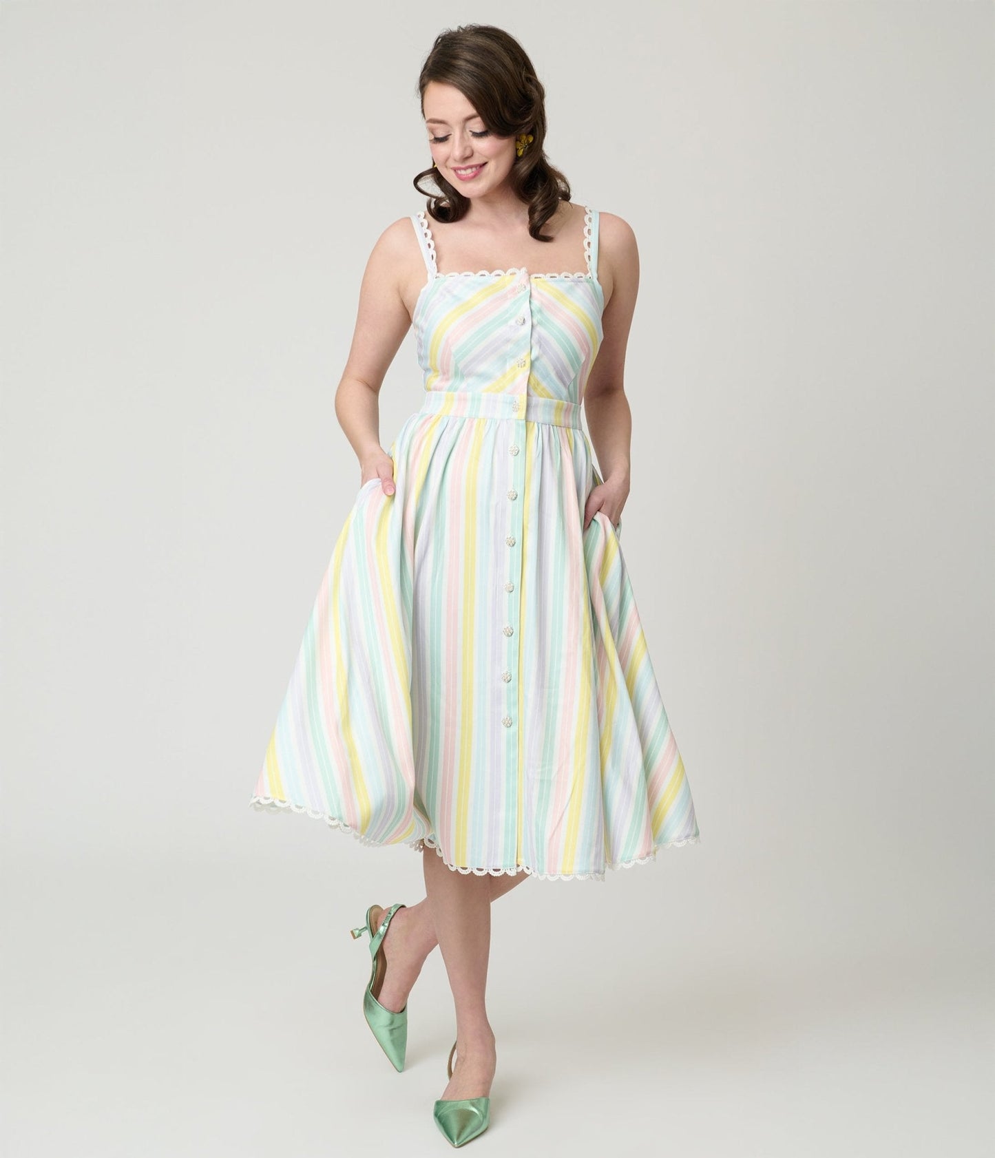 Unique Vintage Pastel Stripe Piper Swing Dress