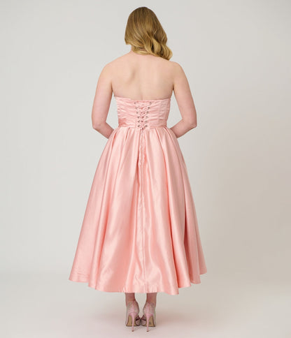 Unique Vintage Peach & Cream Strapless Tea Length Gown