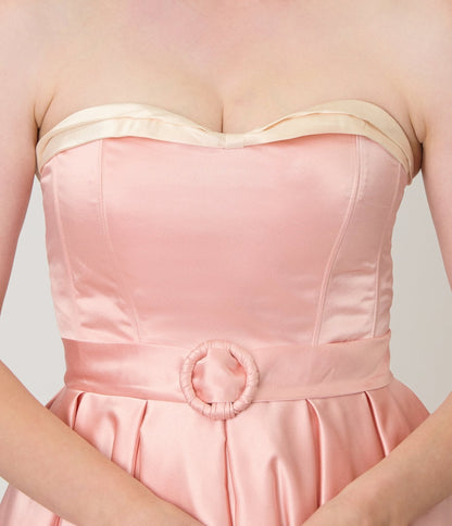 Unique Vintage Peach & Cream Strapless Tea Length Gown