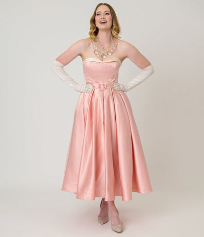 Unique Vintage Peach & Cream Strapless Tea Length Gown