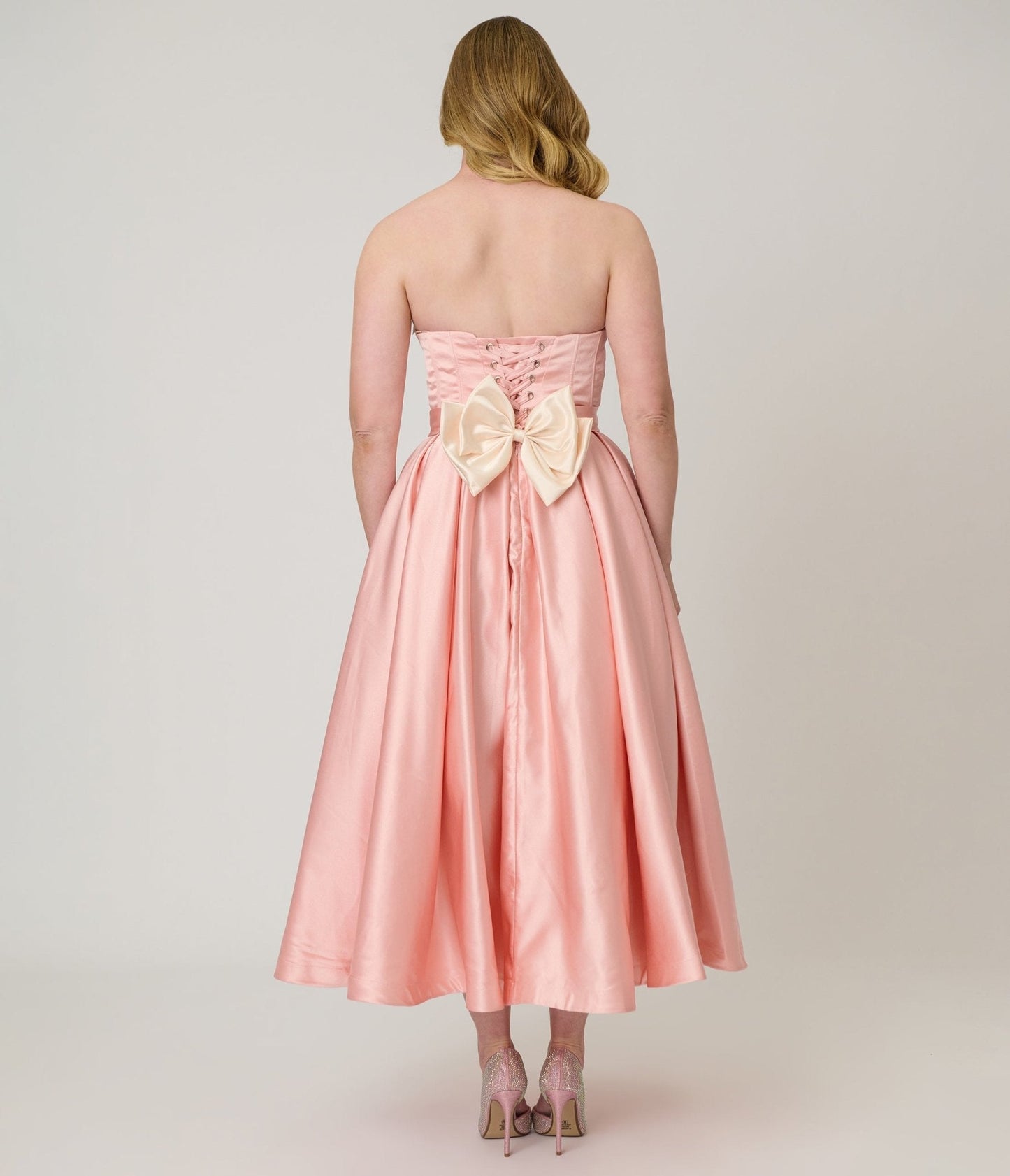 Unique Vintage Peach & Cream Strapless Tea Length Gown