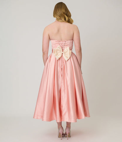 Unique Vintage Peach & Cream Strapless Tea Length Gown