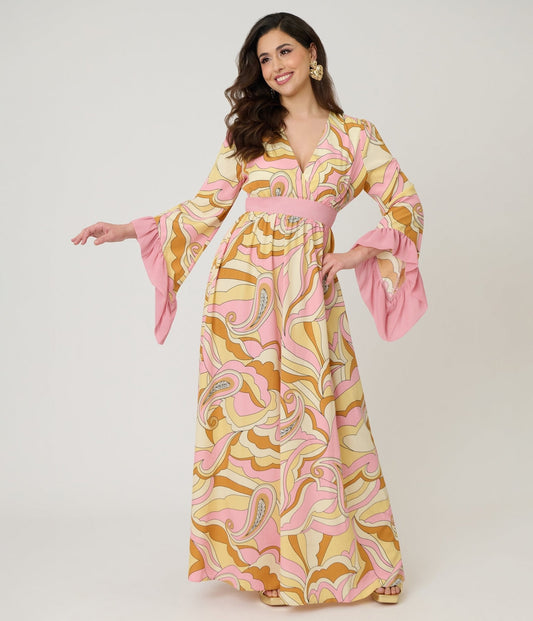 Unique Vintage Pink Paisley Maxi Dress
