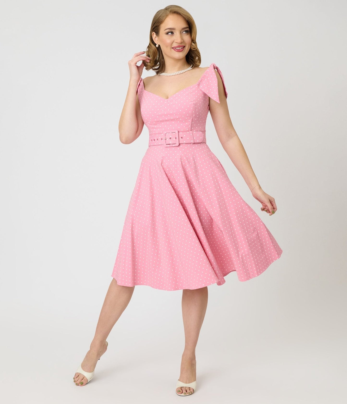 Unique Vintage Pink Pin Dot Off The Shoulder Prairie Swing Dress