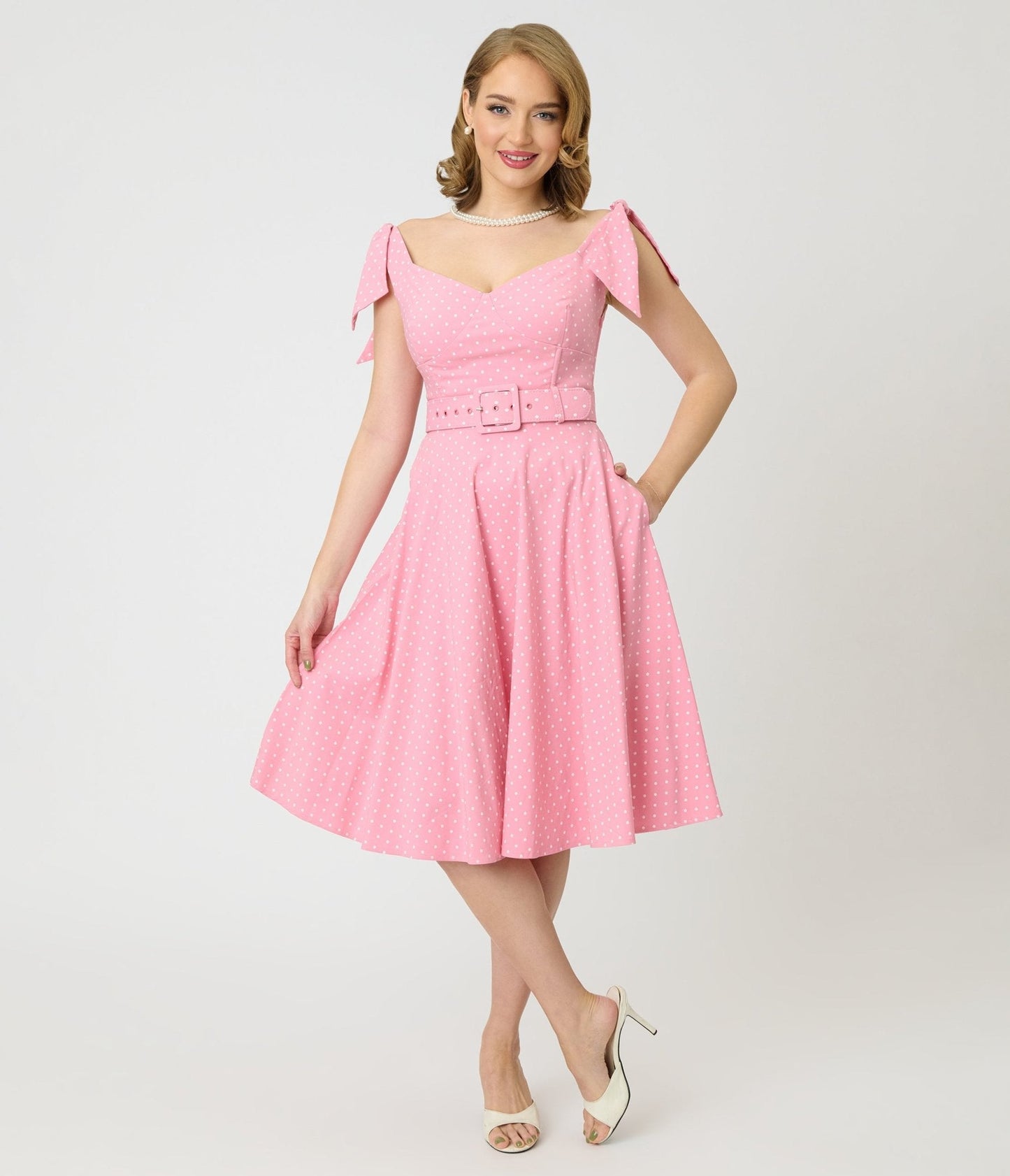 Unique Vintage Pink Pin Dot Off The Shoulder Prairie Swing Dress