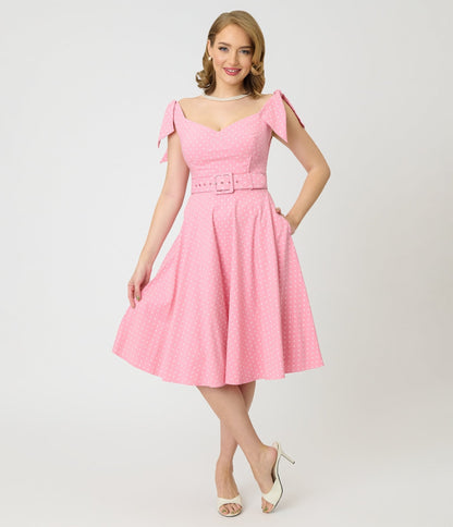 Unique Vintage Pink Pin Dot Off The Shoulder Prairie Swing Dress