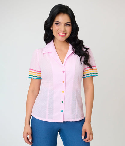 Unique Vintage Pink & Rainbow Trim Cotton Blouse