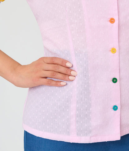 Unique Vintage Pink & Rainbow Trim Cotton Blouse