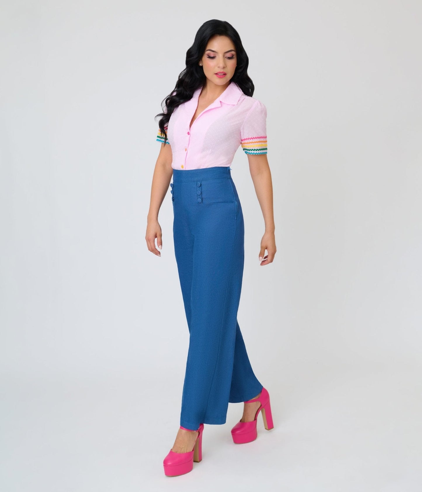 Unique Vintage Pink & Rainbow Trim Cotton Blouse