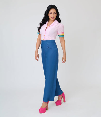 Unique Vintage Pink & Rainbow Trim Cotton Blouse