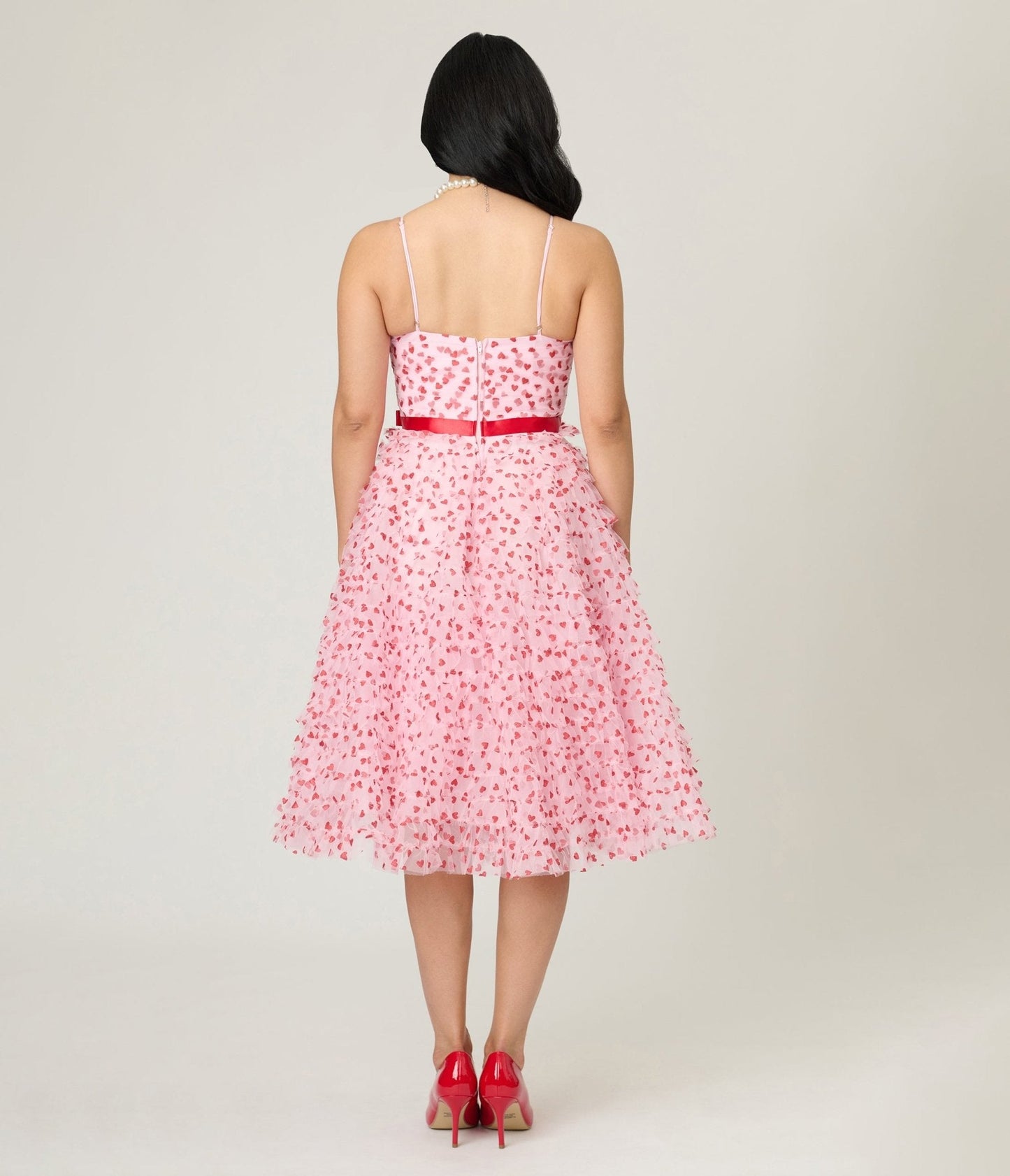 Unique Vintage Pink & Red Glitter Heart Tulle Cupcake Swing Dress