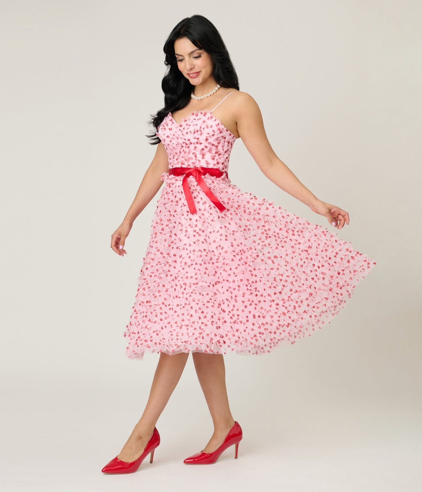 Unique Vintage Pink & Red Glitter Heart Tulle Cupcake Swing Dress